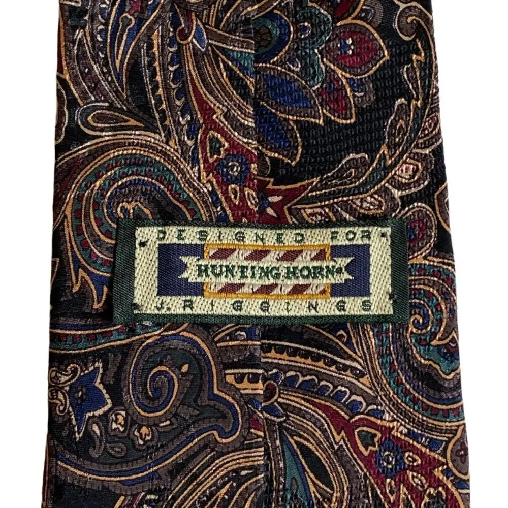 J. Riggins Hunting Horn Silk Paisley Neck Tie Black Brown Red Blue Made in USA